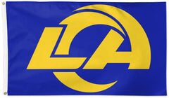 A rectangular blue flag with a large yellow stylized 'LA' logo and curved graphic across the center, shown against a plain white background.