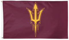 Arizona State Sun Devils flag featuring the team's gold trident logo centered on a maroon background, with a white header and metal grommets on the left side.