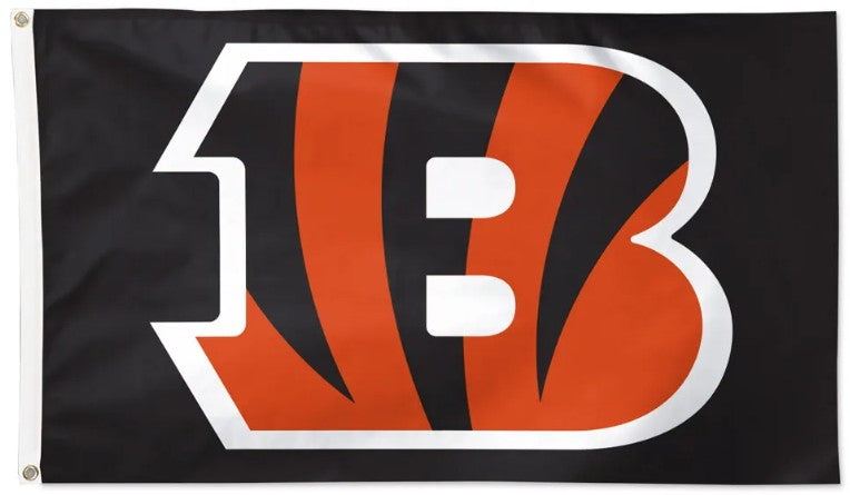 A Cincinnati Bengals flag featuring the team's signature orange and black tiger stripes inside a large white outlined letter 'B' on a black background.