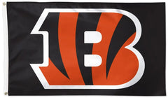 A Cincinnati Bengals flag featuring the team's signature orange and black tiger stripes inside a large white outlined letter 'B' on a black background.