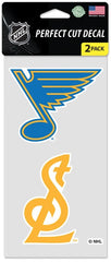 NHL Perfect Cut Decal 2-pack featuring the St. Louis Blues logo in blue and gold, and an 'SL' monogram decal on a light gray backing card.