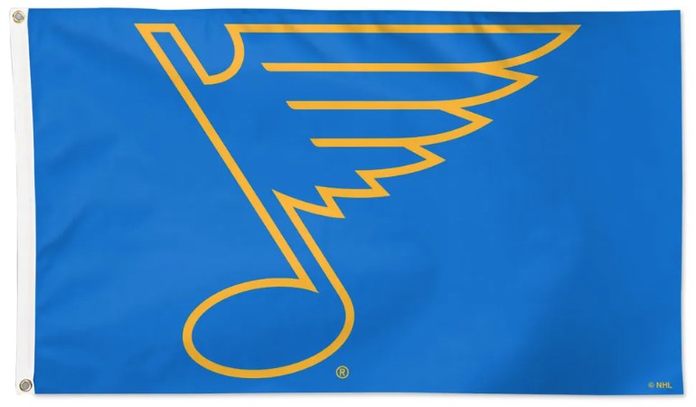 St. Louis Blues NHL flag featuring the team's logo in yellow on a bright blue background, with a white header and grommets on the left side.