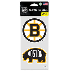 A set of two Boston Bruins decals featuring the team's logo in yellow and black on a white background, packaged in a blister pack.