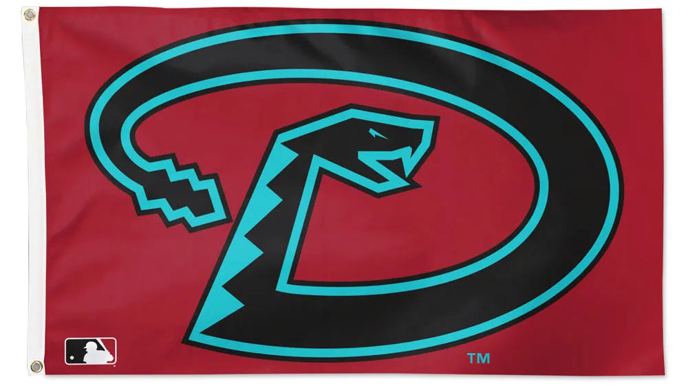 Flag with a black and turquoise logo on a red background