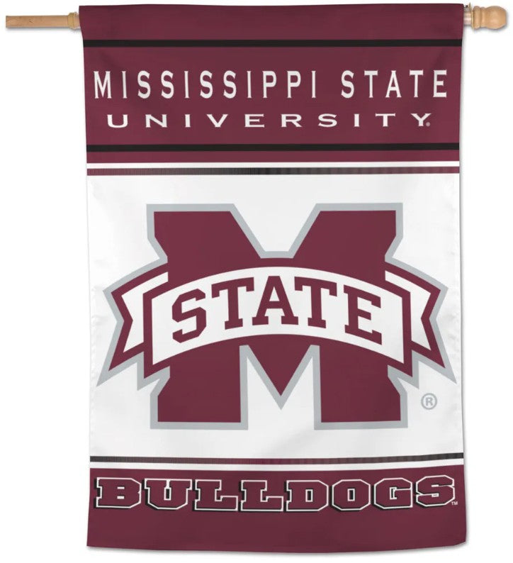 Mississippi State University vertical garden flag featuring a large maroon and white 'M' with 'STATE' banner, 'MISSISSIPPI STATE UNIVERSITY' text at the top, and 'BULLDOGS' at the bottom, shown hanging from a wooden pole.