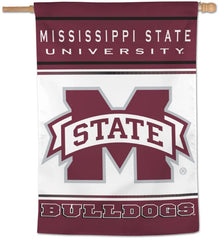 Mississippi State University vertical garden flag featuring a large maroon and white 'M' with 'STATE' banner, 'MISSISSIPPI STATE UNIVERSITY' text at the top, and 'BULLDOGS' at the bottom, shown hanging from a wooden pole.