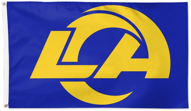 A rectangular blue flag with a large yellow stylized 'LA' logo and curved graphic across the center, shown against a plain white background.