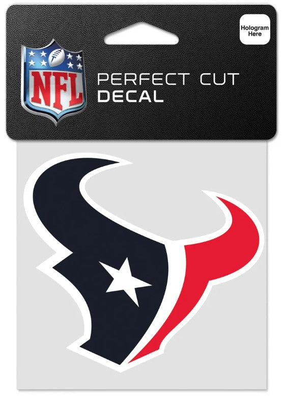 A decal of the Houston Texans NFL team logo with a perfect cut design, packaged in a blister pack.