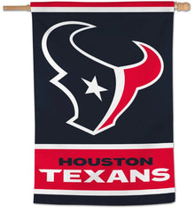 Houston Texans vertical banner flag featuring the team logo and 'HOUSTON TEXANS' text, hanging from a wooden dowel against a white background.
