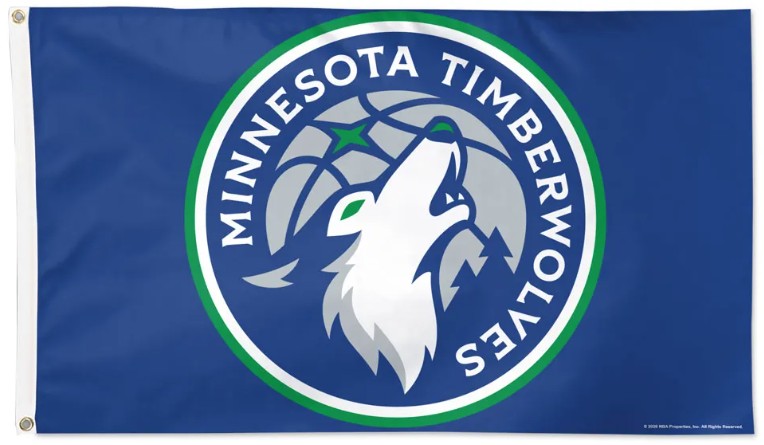 Minnesota Timberwolves team flag featuring the team logo on a royal blue background, with a white howling wolf, green rings, and the words 'MINNESOTA TIMBERWOLVES'.