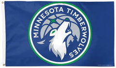 Minnesota Timberwolves team flag featuring the team logo on a royal blue background, with a white howling wolf, green rings, and the words 'MINNESOTA TIMBERWOLVES'.